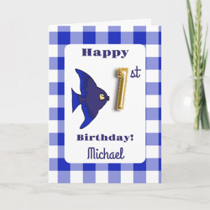 Blue Gingham Gold Foil Balloon Fish 1st Birthday Card