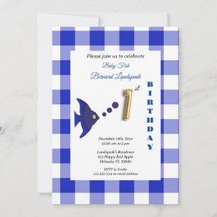 Blue Gingham Gold Foil Balloon Fish 1st Birthday  Invitation