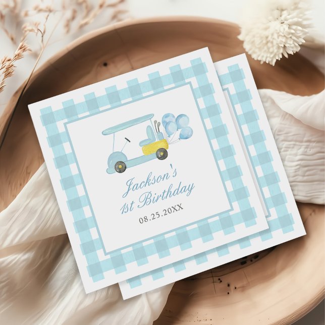 Blue Gingham Golf Boy 1st Birthday Napkin (Creator Uploaded)