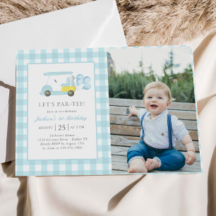 Blue Gingham Golf Boy 1st Birthday Photo Invitation