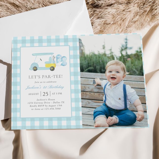 Blue Gingham Golf Boy 1st Birthday Photo Invitation (Creator Uploaded)