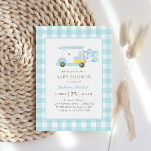 Blue Gingham Golf Boy Baby Shower Invitation