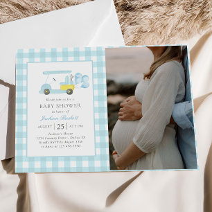 Blue Gingham Golf Boy Baby Shower Photo Invitation