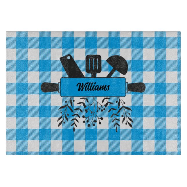 Blue Gingham Gourmet Glass Cutting Board (Front)