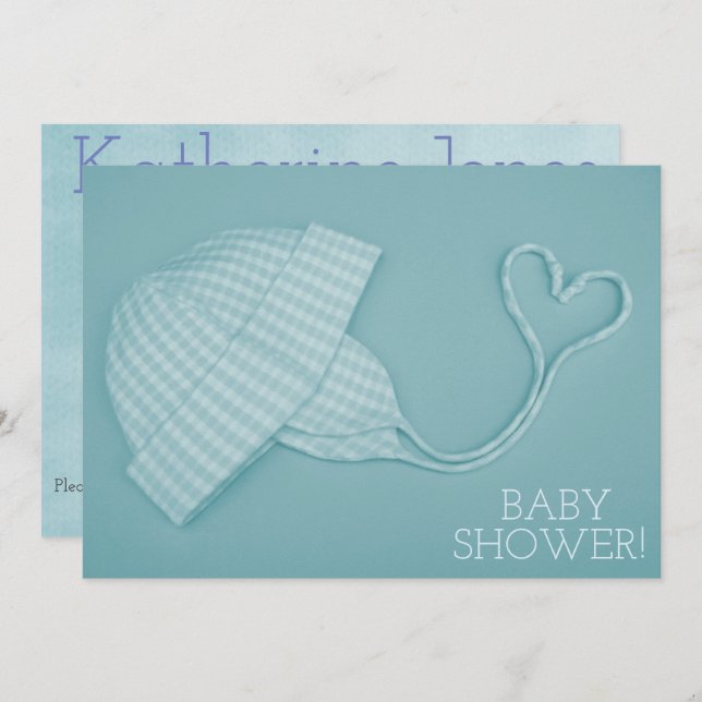 Blue gingham hat heart baby boy shower invitation (Front/Back)