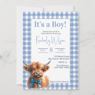 Blue gingham highland cow baby shower invitation