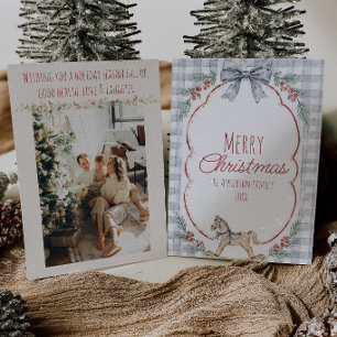 Blue Gingham Holly Berries Floral Bow Christmas Holiday Card