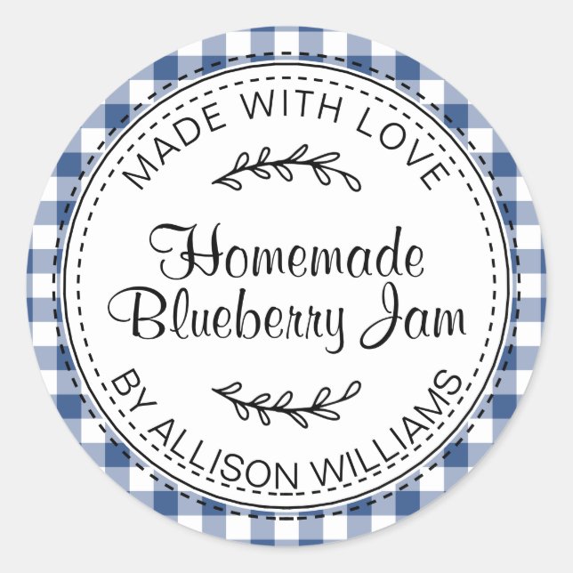 Blue Gingham Homemade Blueberry Jam Label (Front)