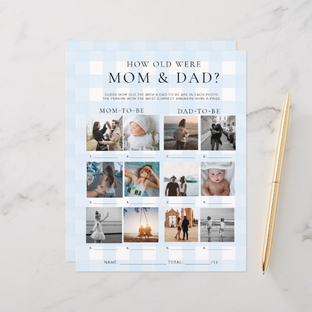 Blue Gingham How Old Were Mum and Dad Photo Game (Front/Back In Situ)