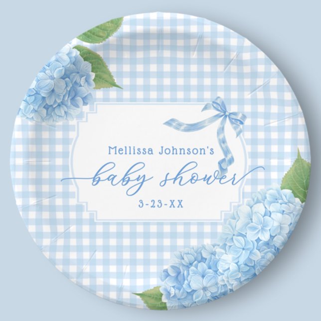 Blue Gingham Hydrangea Boy Baby Shower Paper Plate (Creator Uploaded)