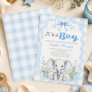 Blue Gingham It's A Boy Elephant Baby Shower  Invitation