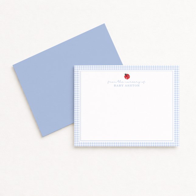 Blue Gingham Ladybug Nursery Note Card (Creator Uploaded)