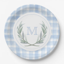 Blue Gingham Laurel Crest Paper Plates