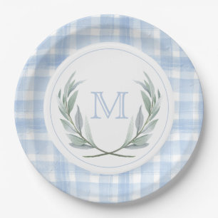 Blue Gingham Laurel Crest Paper Plates