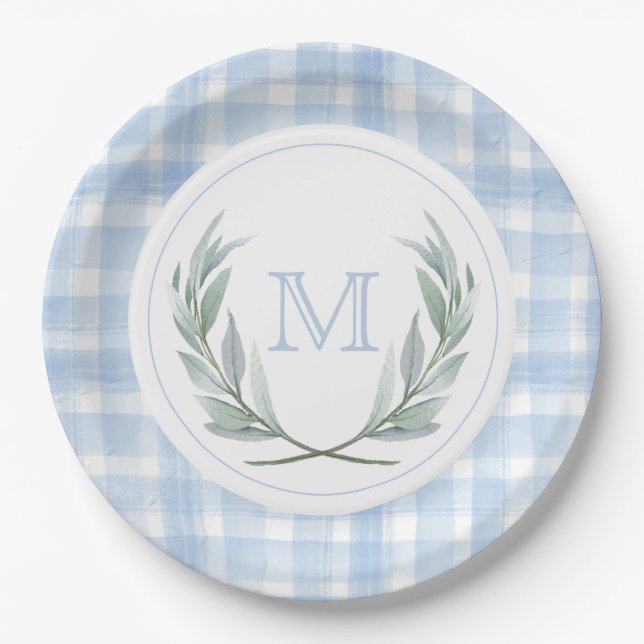 Blue Gingham Laurel Crest Paper Plates (Front)
