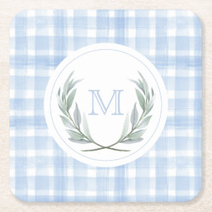 Blue Gingham Laurel Crest Paper  Square Paper Coaster