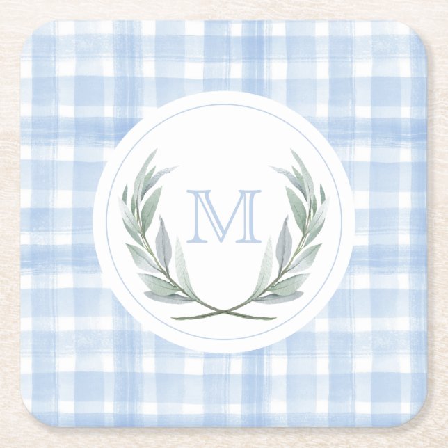 Blue Gingham Laurel Crest Paper  Square Paper Coaster (Front)