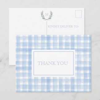 Blue Gingham Laurel Crest Thank You Postcard
