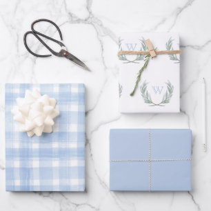 Blue Gingham Laurel Crest Wrapping Paper Sheets