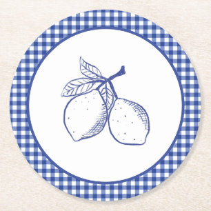 Blue Gingham Lemon Italian Summer Party Paper Round Paper Coaster