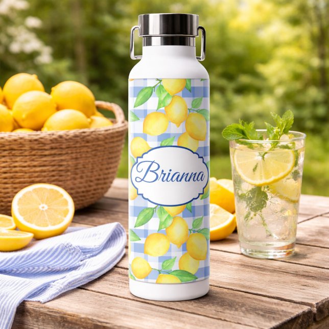 Blue Gingham Lemon Name Picnic Style  Water Bottle (Creator Uploaded)