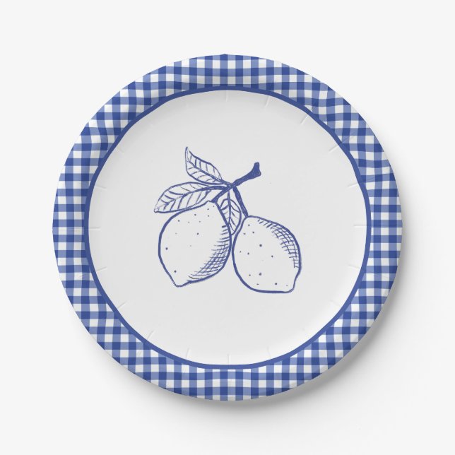 Blue Gingham Lemon Summer Celebration Paper Plate (Front)