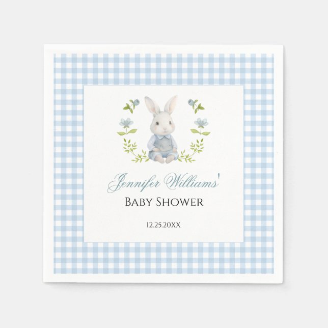 Blue Gingham Little Bunny Spring Baby Boy Shower Napkin (Front)