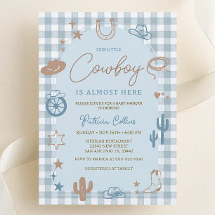 Blue Gingham Little Cowboy Western Baby Shower Invitation