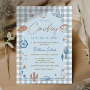 Blue Gingham Little Cowboy Wild West Baby Shower Invitation