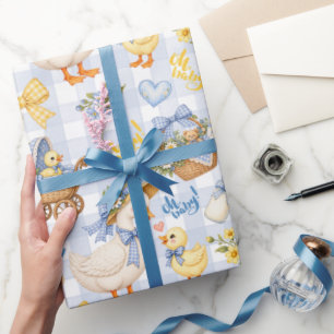 Blue Gingham Little Duckling Oh Baby Wrapping Paper