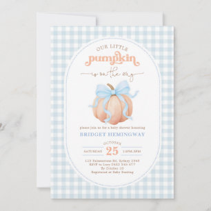 Blue Gingham Little Pumpkin Boy Baby Shower Invitation