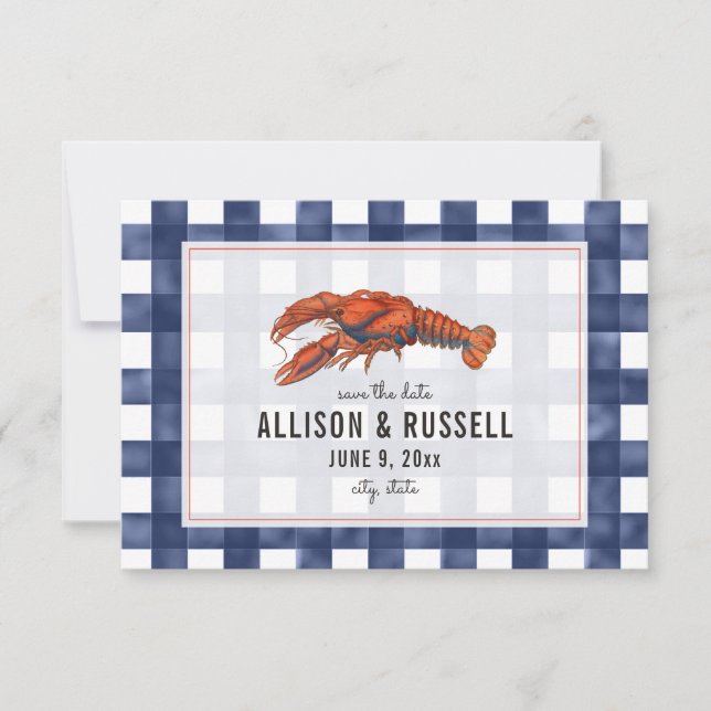 Blue Gingham Lobster Rustic Wedding Save The Date (Front)