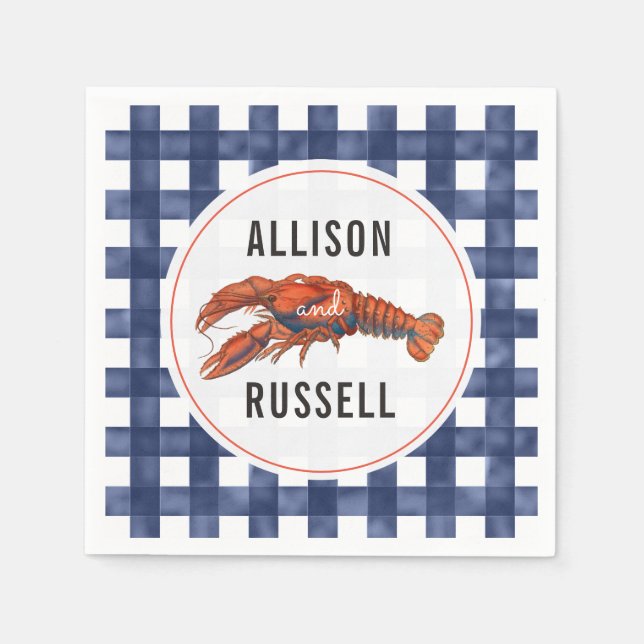 Blue Gingham Lobster Wedding Napkins (Front)