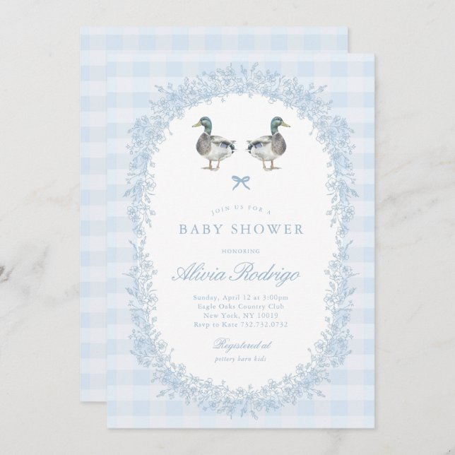 Blue Gingham Mallard Duck Baby Shower Invitation (Front/Back)