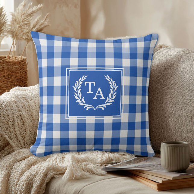 Blue Gingham Monogram Crest Cushion (Blue Gingham Monogram Crest Throw Pillow)