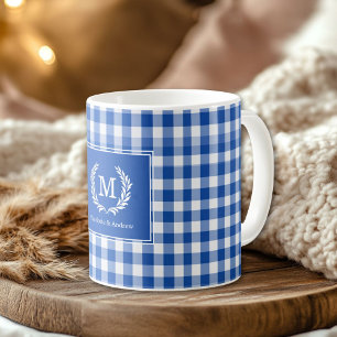 Blue Gingham Monogram Crest Custom Coffee Mug