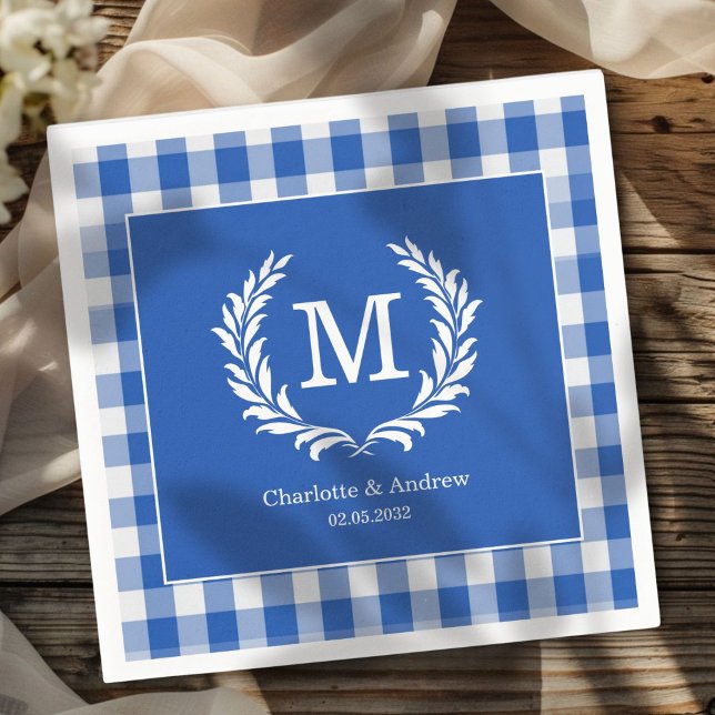 Blue Gingham Monogram Crest Custom Napkin (Blue Gingham Monogram Crest Custom Napkins with your Monogram, names and Date.)