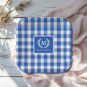 Blue Gingham Monogram Crest Custom Paper Plate