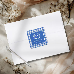 Blue Gingham Monogram Crest Custom Square Sticker