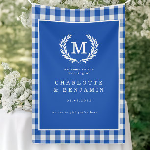 Blue Gingham Monogram Crest Wedding Welcome Banner
