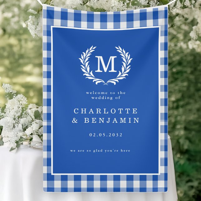 Blue Gingham Monogram Crest Wedding Welcome Banner (Blue Gingham Monogram Crest Wedding Welcome Banner)