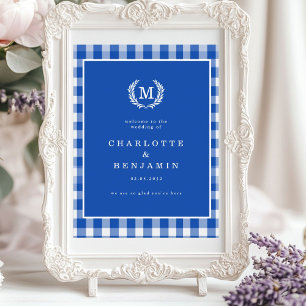 Blue Gingham Monogram Crest Wedding Welcome Poster