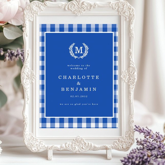 Blue Gingham Monogram Crest Wedding Welcome Poster (Blue Gingham Monogram Crest Wedding Welcome Poster)