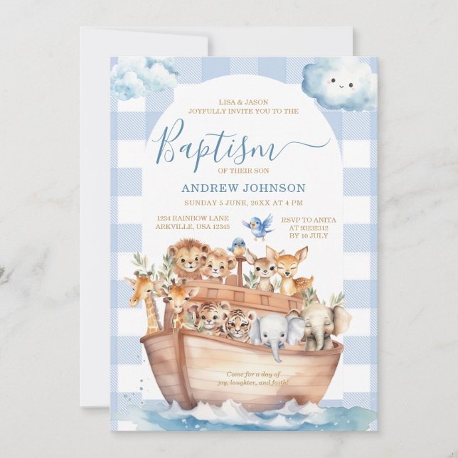 Blue Gingham Noah's Ark Cute Animals Baptism Invitation (Front)