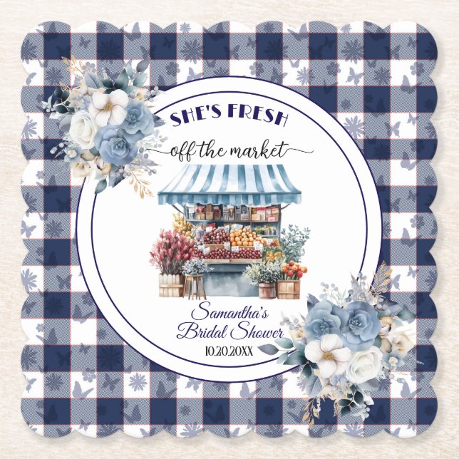 Blue Gingham Off the Market Floral Bridal Shower Paper Coaster (Front)
