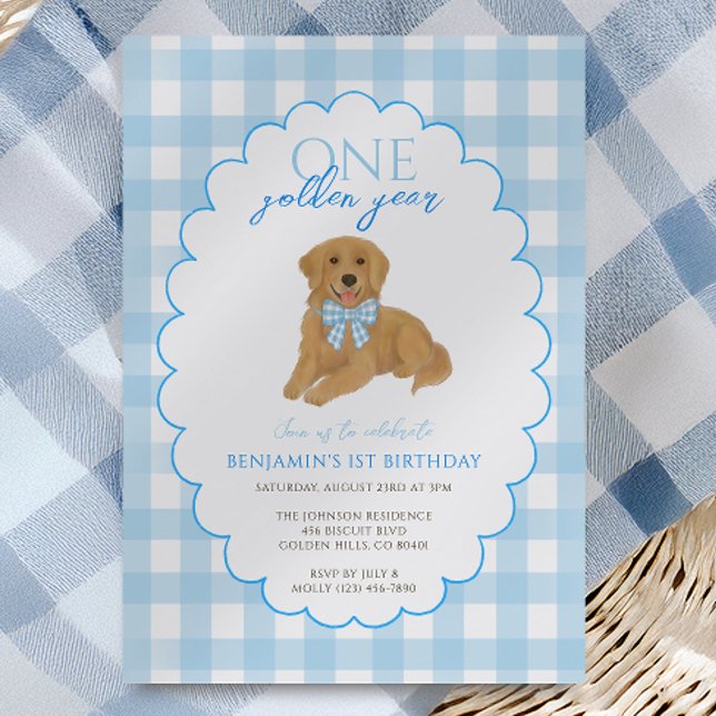 Blue Gingham One Golden Year 1st Birthday Puppy Invitation (Creator Uploaded)