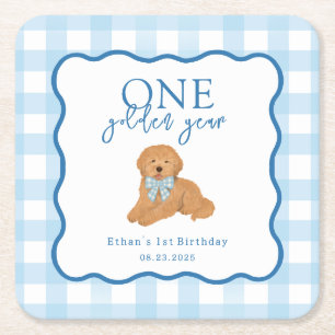 Blue Gingham One Golden Year First Birthday Square Paper Coaster