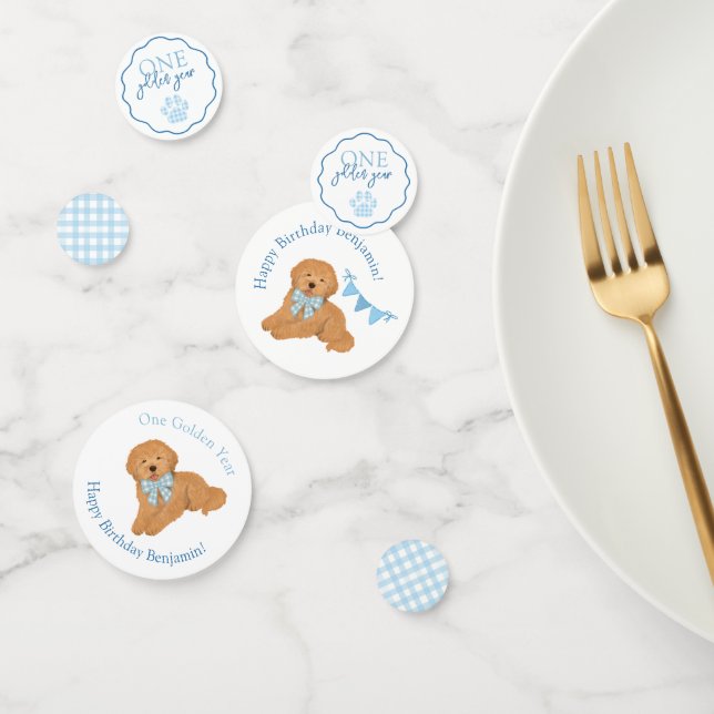 Blue Gingham One Golden Year Puppy Birthday Table Confetti (Group)