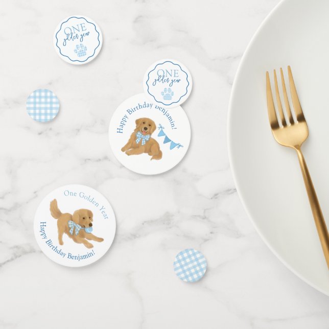 Blue Gingham One Golden Year Puppy Birthday Table Confetti (Group)