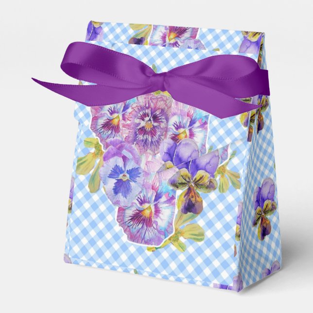 Blue Gingham Pansy Floral Wedding Cake Favour  Box (Front Side)